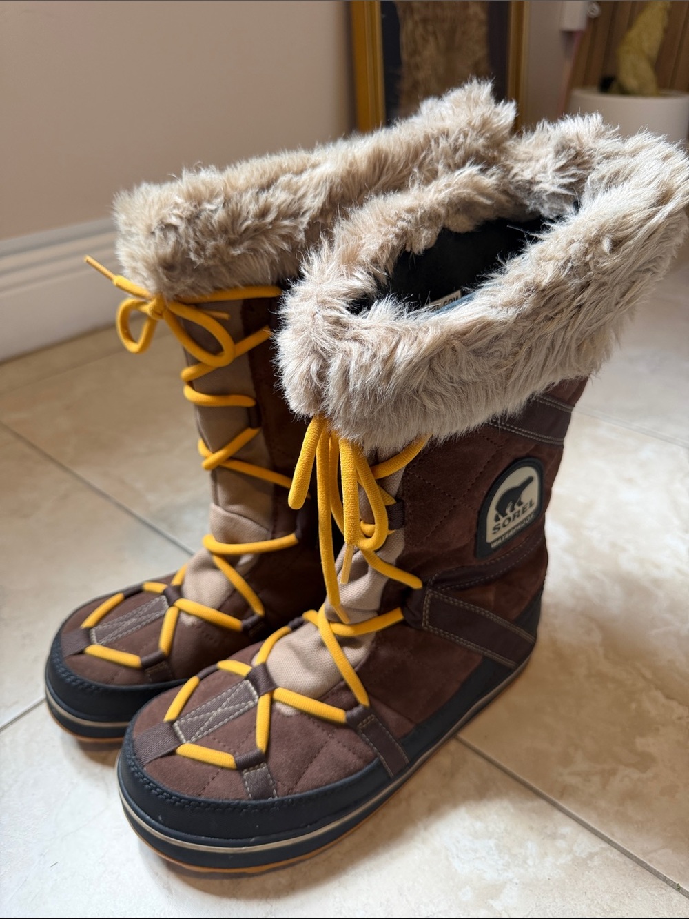 Sorel Kids Brown and Yellow Faux-Fur Winter Boots